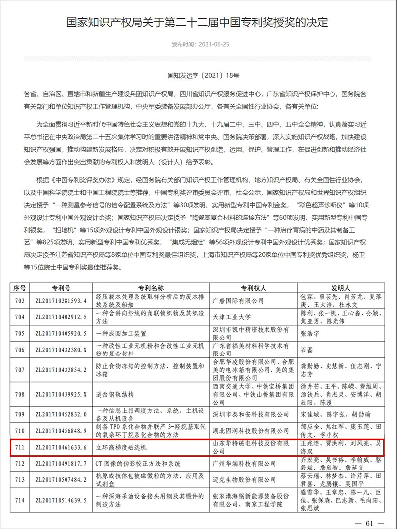 华特公司发明专利立环高梯度磁选机荣获第二十二届中国专利优秀奖